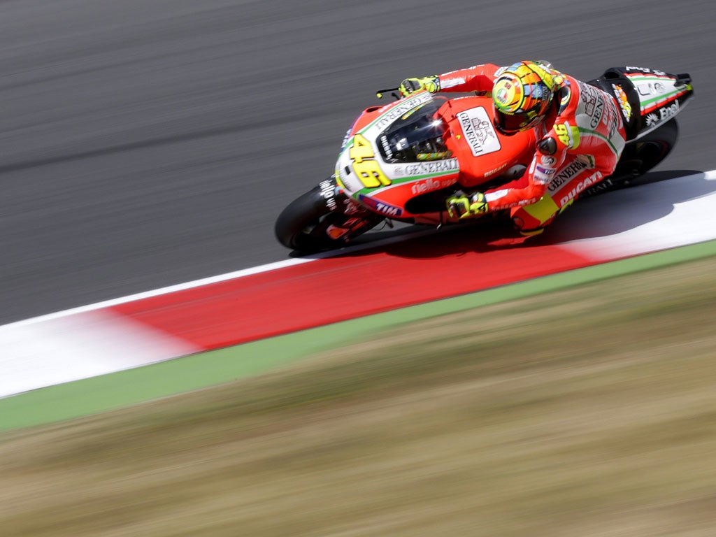 Valentino Rossi takes a curve during the opening practice session of the Italian Grand Prix in Mugello
