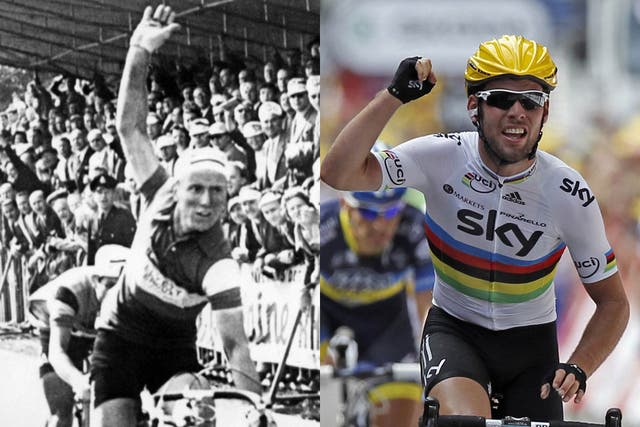 André Darrigade sprints to victory on stage one of the 1958 Tour de
France; Mark Cavendish wins this year's second stage