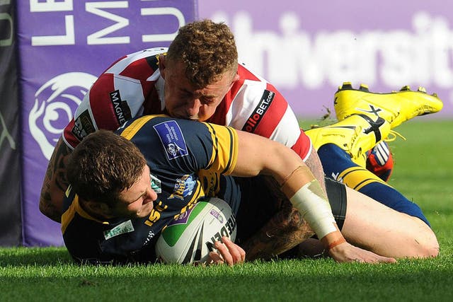 Zak attack: Leeds full-back Zak Hardaker scores a try during the Challenge Cup semi-final against Wigan
