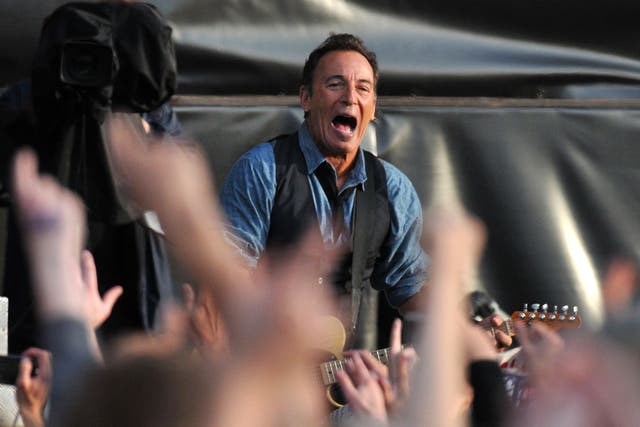 Bruce Springsteen performs live on stage during the second day of Hard Rock Calling at Hyde Park
