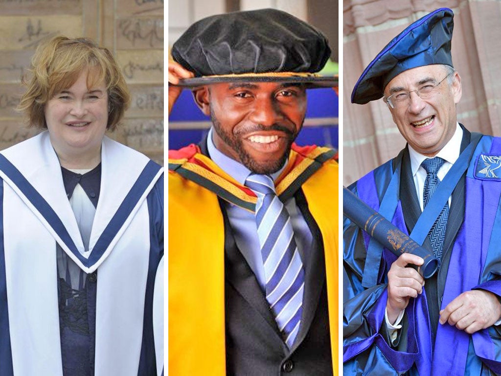 Mortar boarding: this summer’s honorary degree recipients include
(from left) Susan Boyle, Fabrice Muamba and Lord Justice Leveson