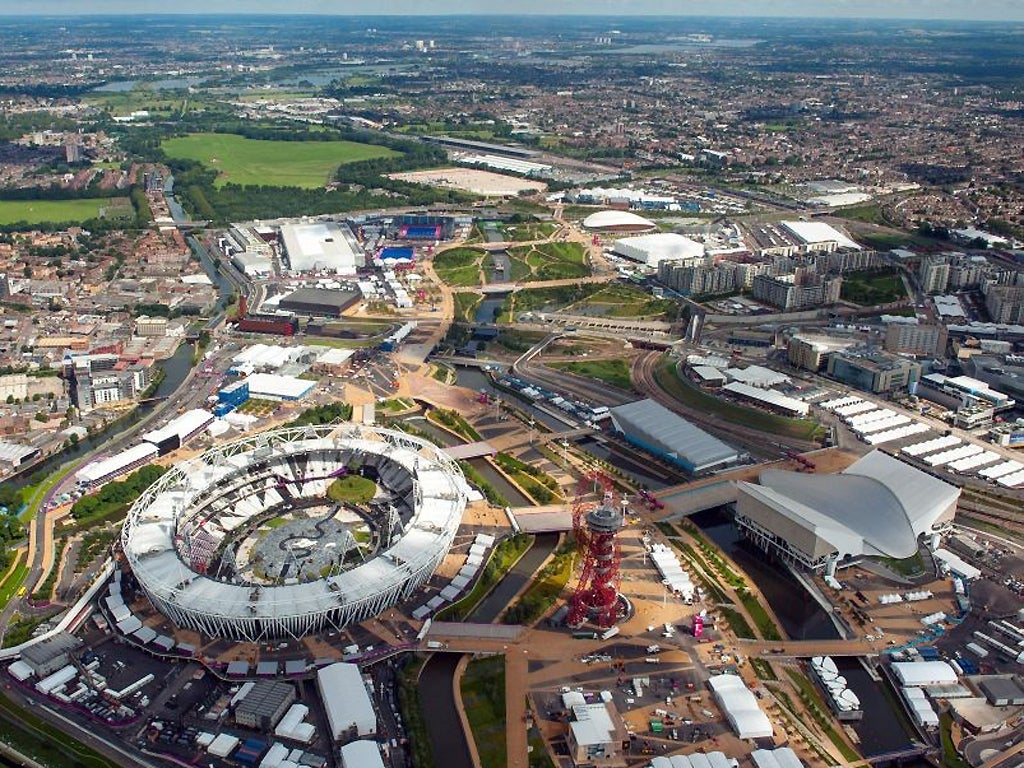 An aerial view of the Olympic Park in Stratford, east London