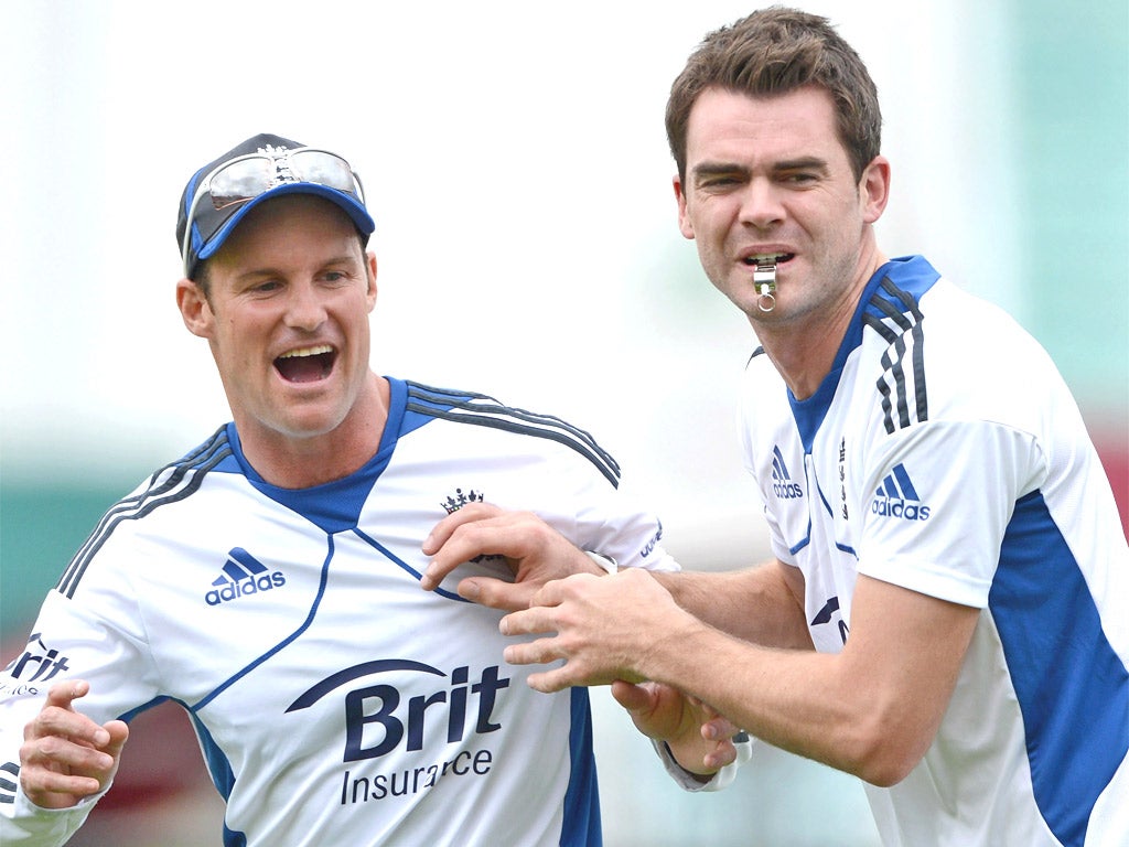 Andrew Strauss and Anderson are all smiles at nets yesterday