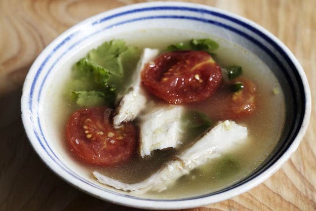 Mackerel broth with tomatoes and coriander