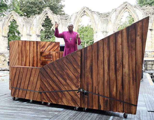 The Archbishop of York, Dr John Sentamu, aboard 'The Ark' from the forthcoming 'York Mystery Plays 2012' which open to the public on the 2nd August. 
