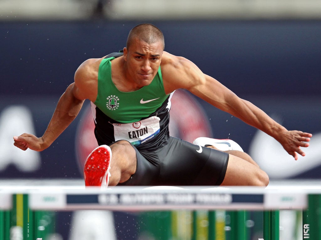 Ashton Eaton, the record-breaking decathlete, in action in the hurdles