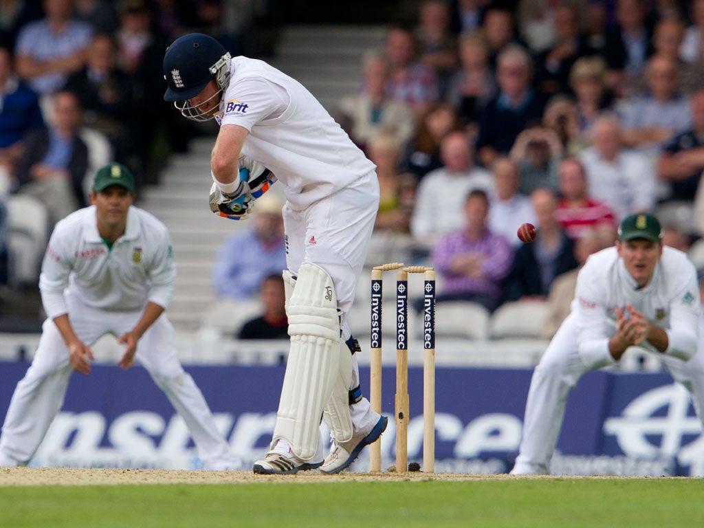 Ian Bell is horrified as the ball trims his off bail