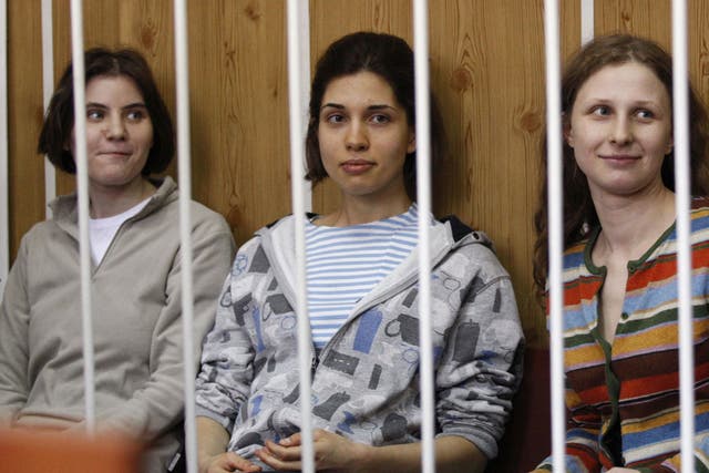 Yekaterina Samutsevich, Nadezhda Tolokonnikova and Maria Alyokhina in court yesterday