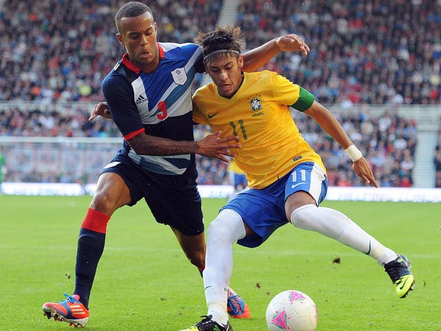 Ryan Bertrand challenges Brazil's Neymar last night
