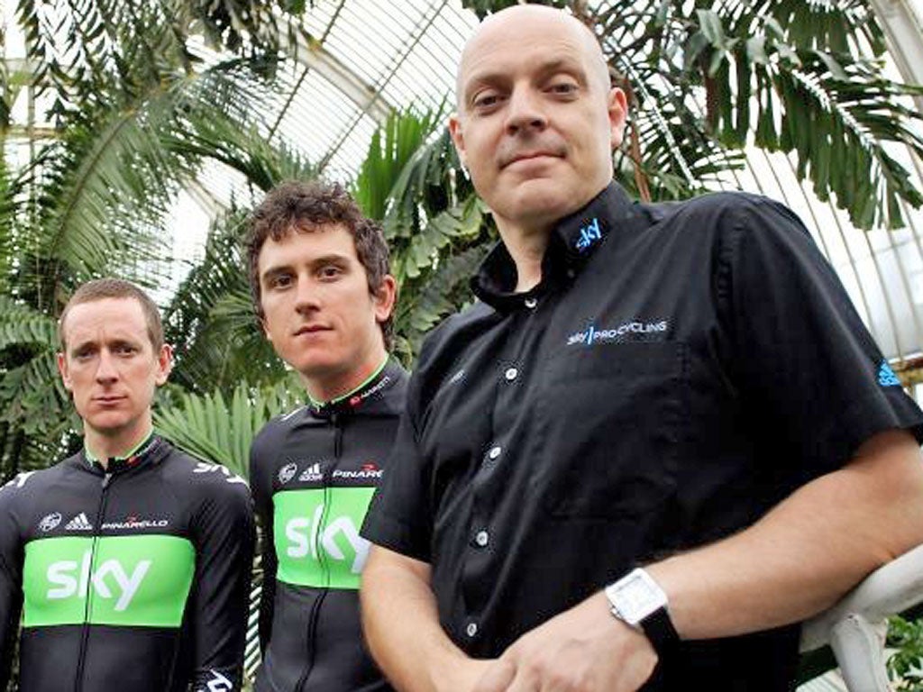 Sky team principal Dave Brailsford (right), with Bradley Wiggins
(left) and Geraint Thomas