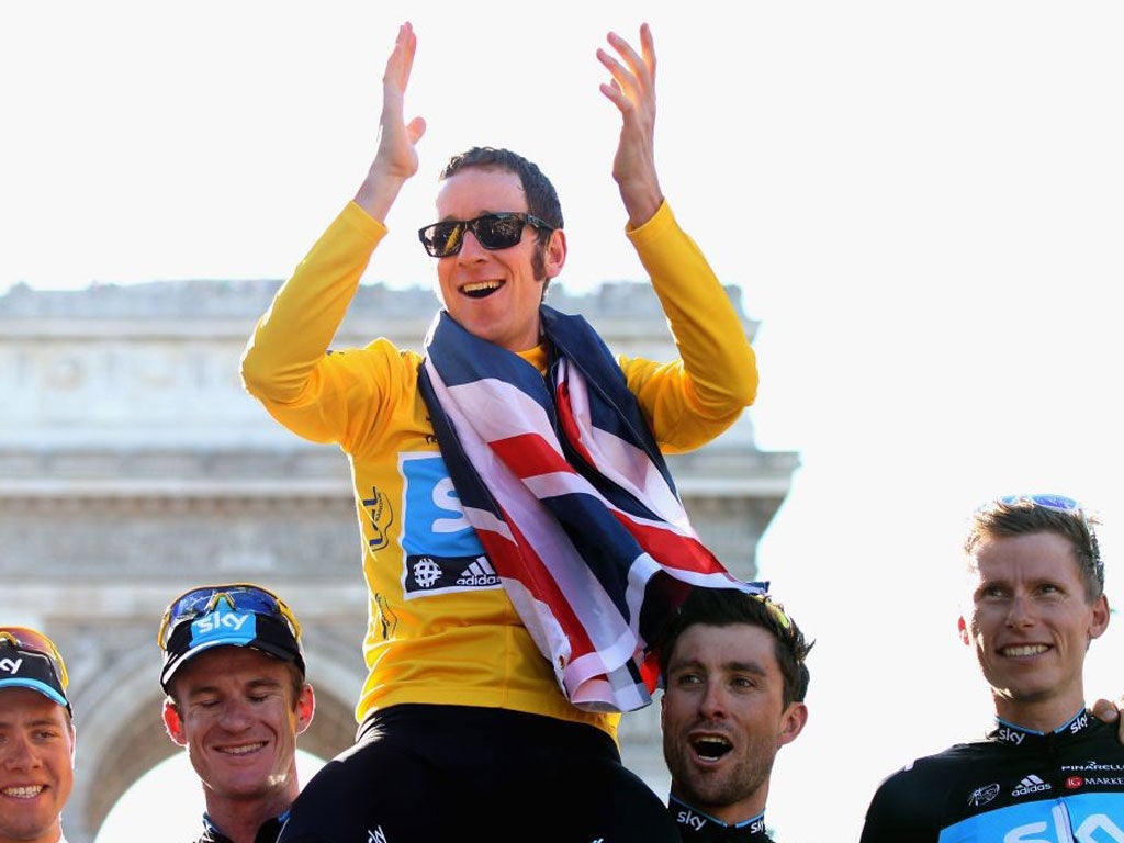 Vive la velorution: Brad Wiggins celebrating his victory