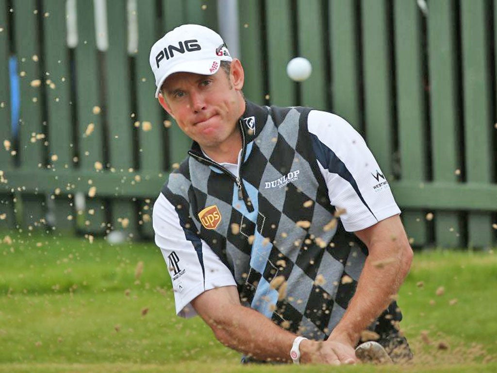 Lee Westwood plays out of a bunker during practice at Royal Lytham