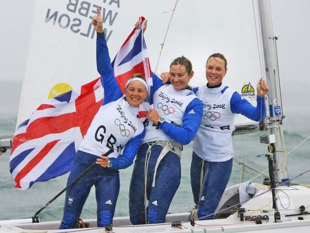 From left, Sarah Ayton, Sarah Webb and Pippa Wilson celebrate their victory in the Yngling class at the Beijing Olympics