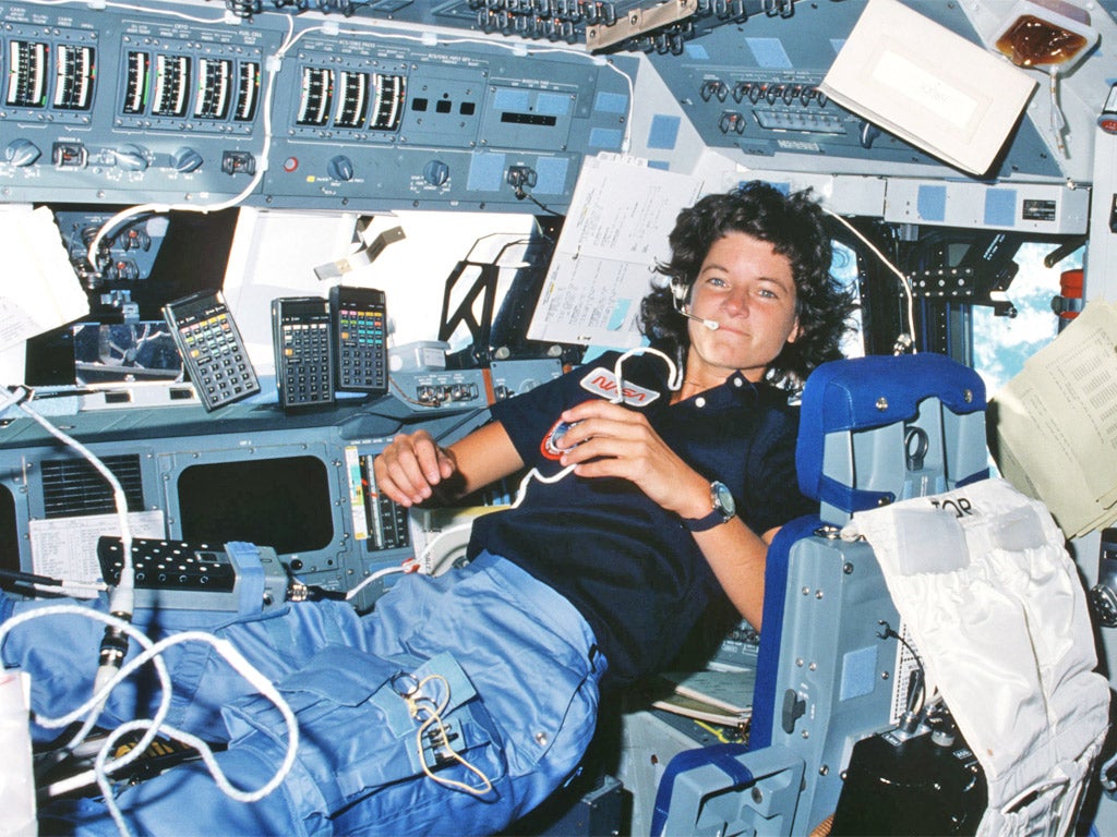 Sally Ride floats weightlessly on the flight deck of Challenger during its second mission in space