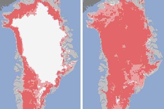 The extent of surface melt over Greenland's ice sheet on 8 July and 12 July is seen in this Nasa image