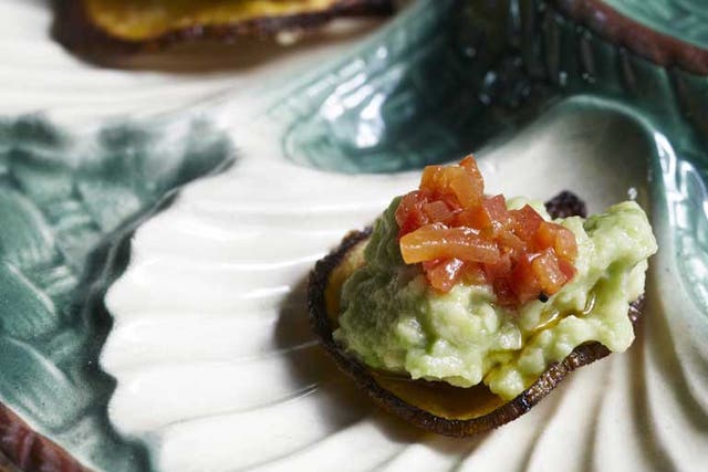 Plantain crisps with guacamole and salsa