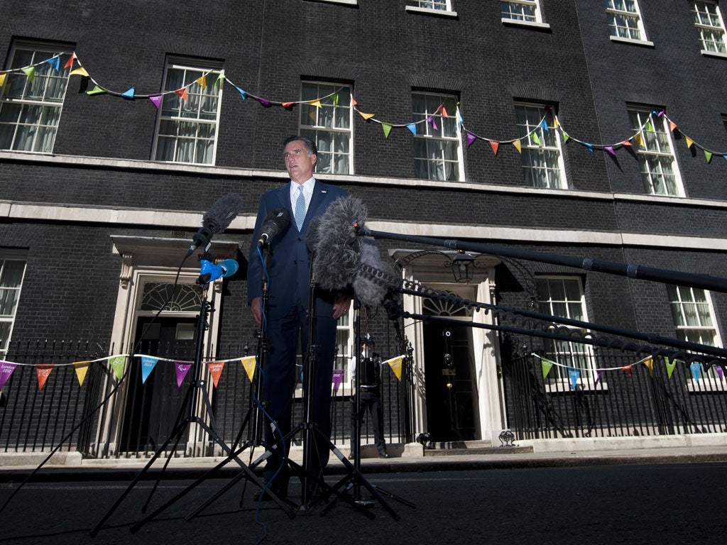 Mitt Romney outside Downing Street yesterday