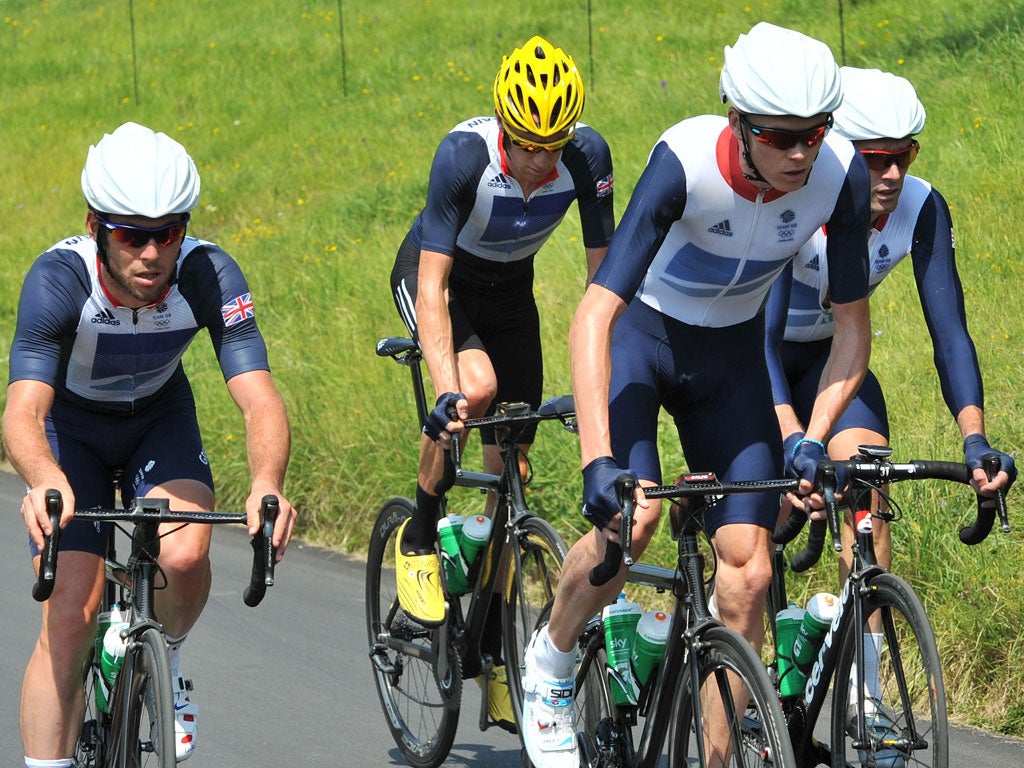 Great Britons (from left) Mark Cavendish, Bradley Wiggins, Chris Froome and David Millar during a training session at Box Hill