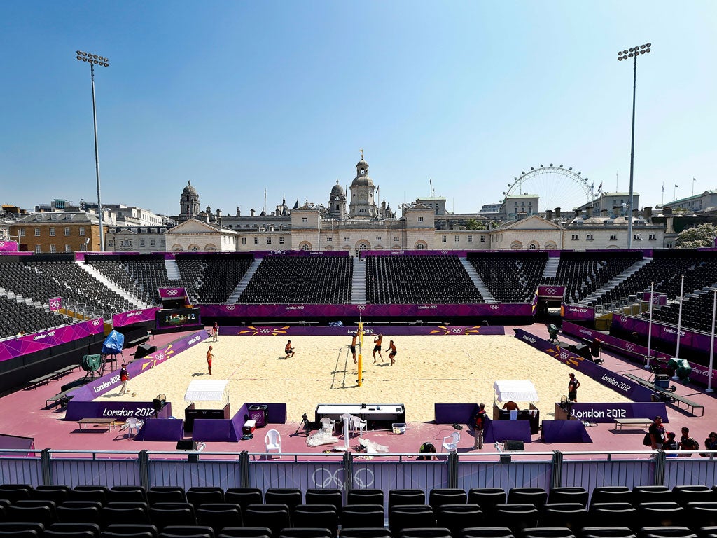The beach volleyball venue in Horse Guards Parade