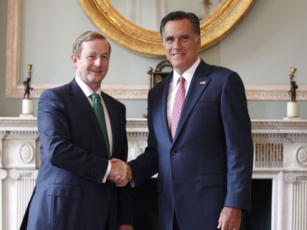Mitt Romney meets Irish Taoiseach Enda Kenny in London yesterday