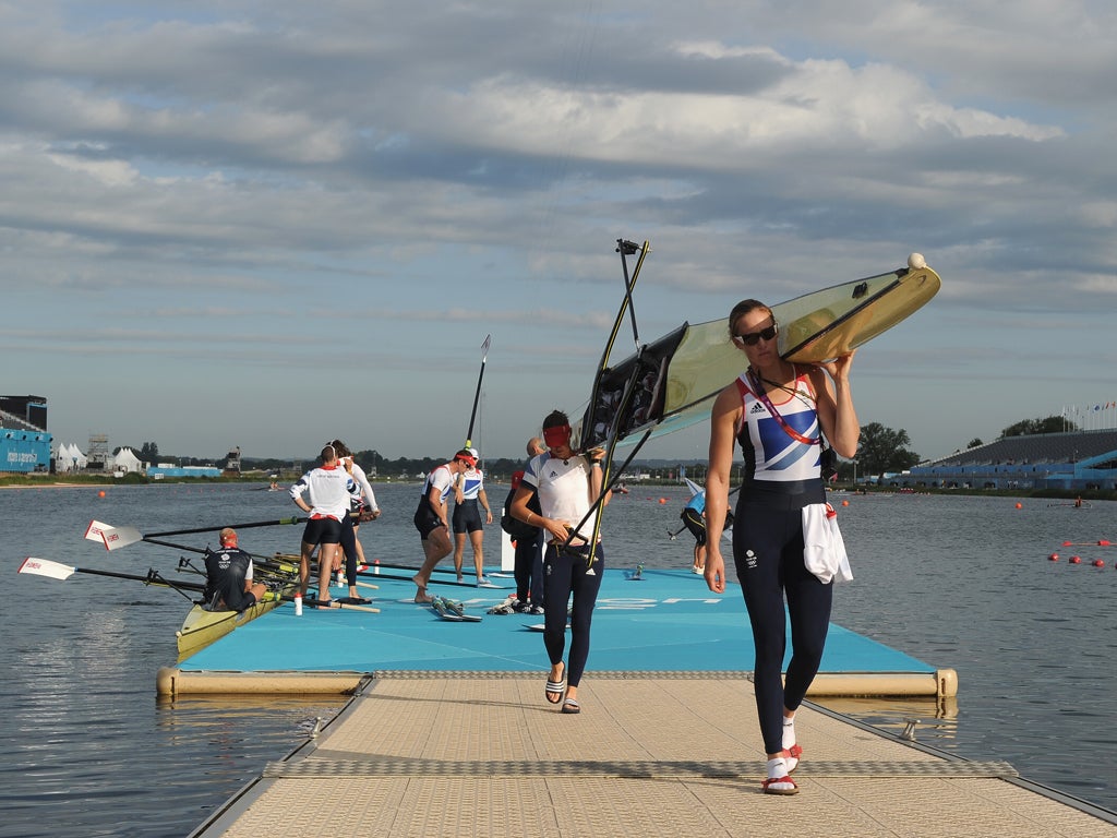 Saturday 28 July: Helen Glover of Great Britain prepares to compete in the Women's Pair Heats on Day 1 of the London 2012 Olympic Games at Eton Dorney.