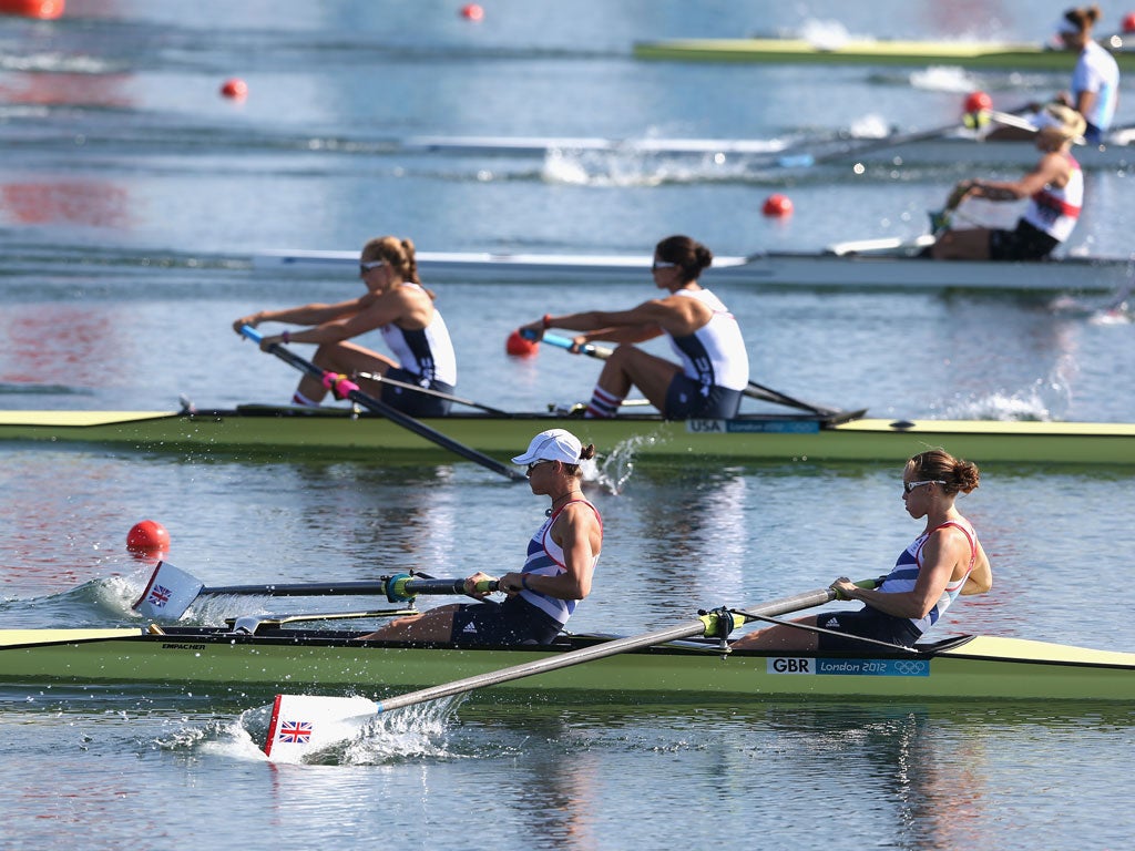 GB's Helen Glover and Heather Stanning compete in the Women's Pair Heats at Eton Dorney