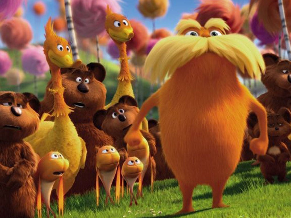 The Lorax, a furry gnome voiced by Danny DeVito, is the orange purveyor of a green message