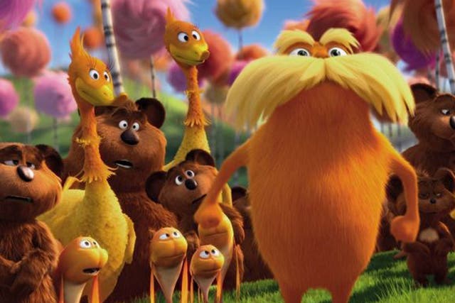 The Lorax, a furry gnome voiced by Danny DeVito, is the orange purveyor of a green message
