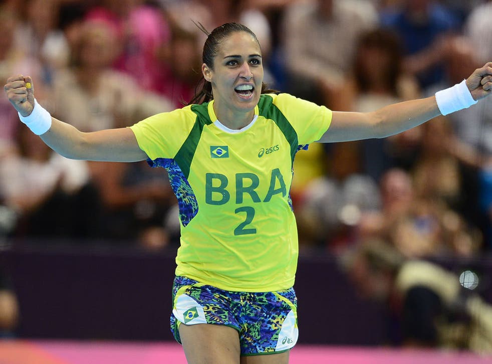 Brazil's pivot Fabiana Diniz celebrates during their handball match against Croatia