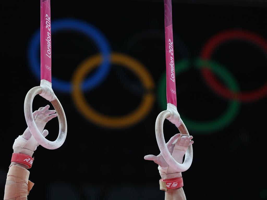 July 30, 2012: A view of the Olympic rings at the gymnastics