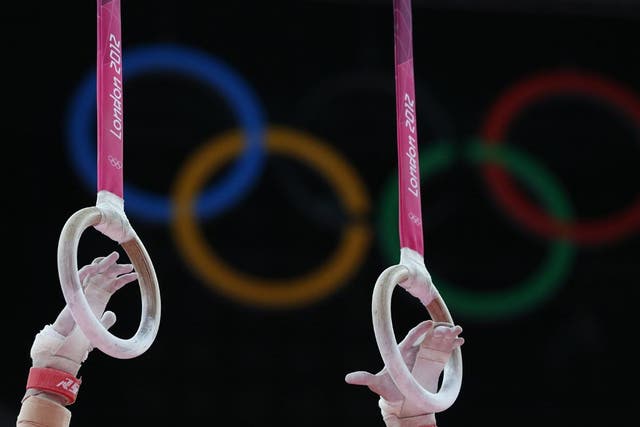 July 30, 2012: A view of the Olympic rings at the gymnastics