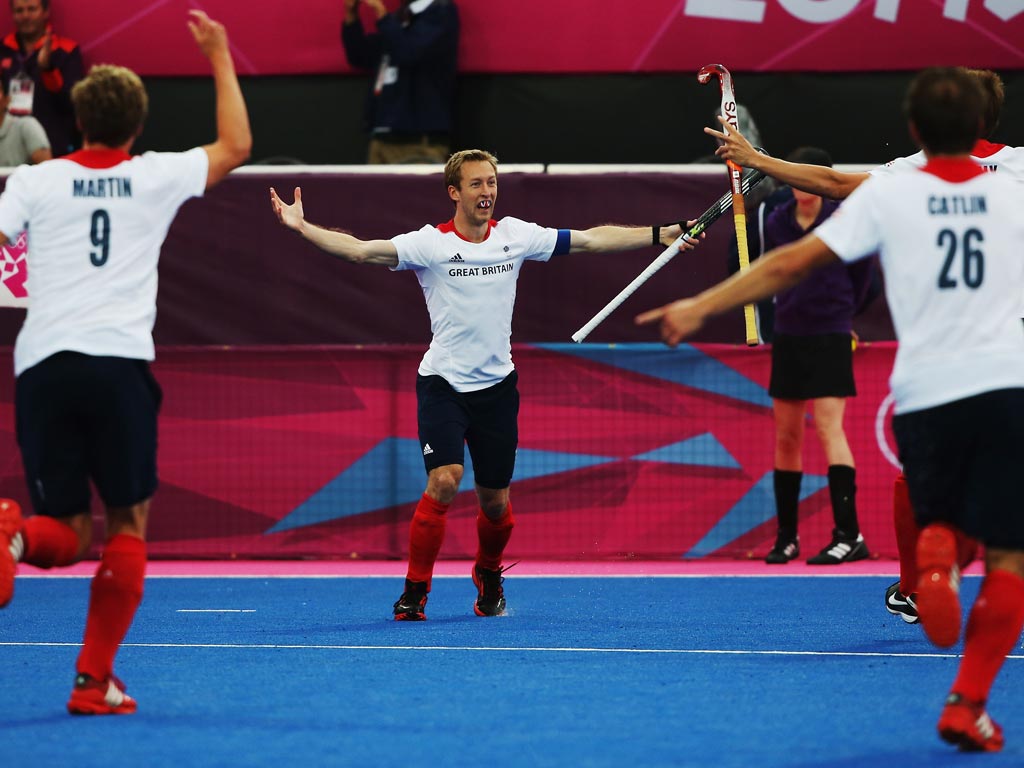 July 30, 2012: Captain Barry Middleton of Great Britain celebrates after scoring during the Men's Hockey Match between Great Britain and Argentina
