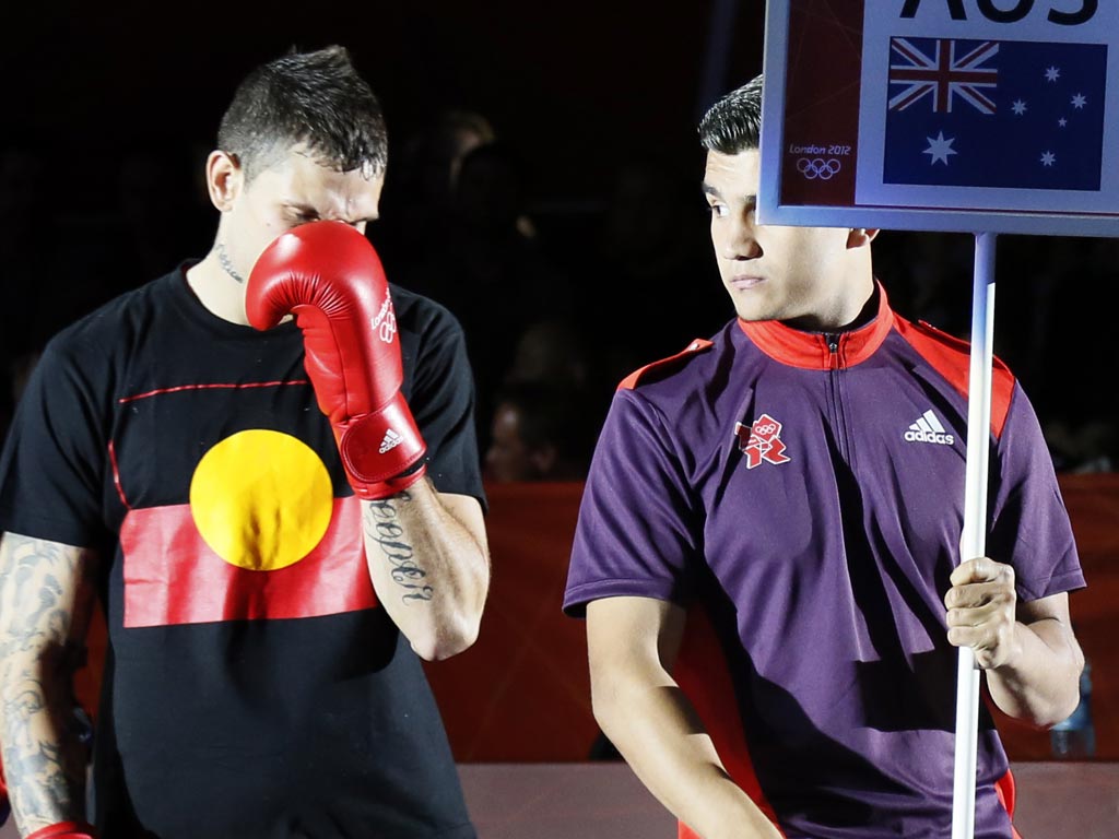 July 30, 2012: Damien Hooper of Australia caused controversy today when he dressed in a T-shirt bearing the Aboriginal colours. The IOC announced he would not be punished.