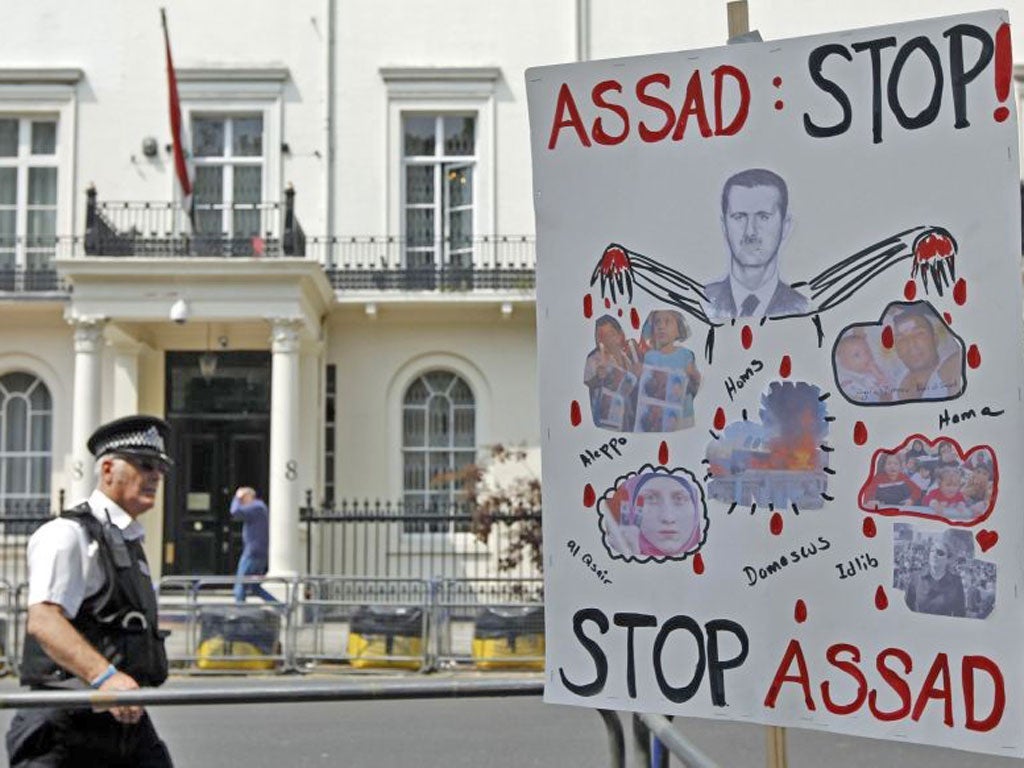 The Syrian embassy in London has been a constant target for protests against the bloodletting by President Assad’s regime