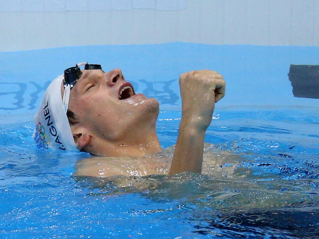 July 30, 2012: Yannick Agnel celebrates his second gold medal of the London 2012 Olympics