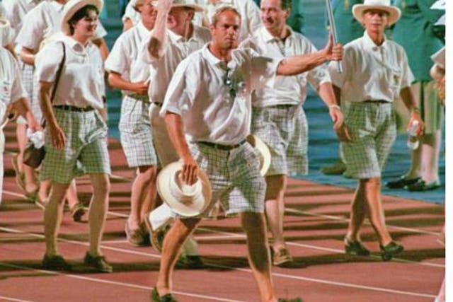 British rower Steve Redgrave carries the flag of his delegation in 1996