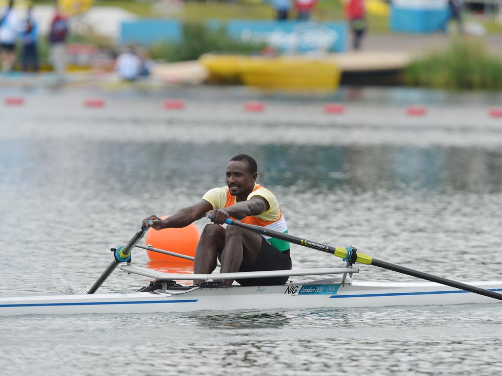July 30, 2012: Niger's Hamadou Djibo Issaka is pictured after competing in the men's single sculls semi-finals of the rowing event during the London 2012 Olympic Games, at Eton Dorney. He finished last by a distance.