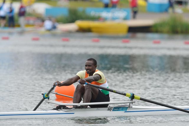 July 30, 2012: Niger's Hamadou Djibo Issaka is pictured after competing in the men's single sculls semi-finals of the rowing event during the London 2012 Olympic Games, at Eton Dorney. He finished last by a distance.
