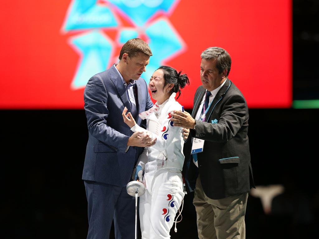 Shin Lam was left distraught during the fencing last night