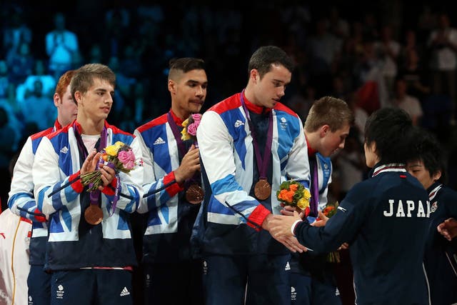 The British men's gymnastics team with their bronze medals