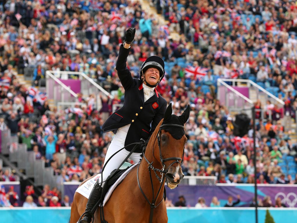 July 31, 2012: Mary King of Great Britain riding Imperial Cavalier celebrates in the Show Jumping Equestrian event