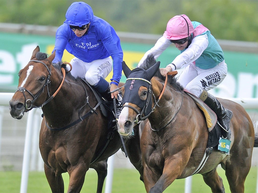 Noble Mission (right) edges yesterday’s Gordon Stakes from Encke