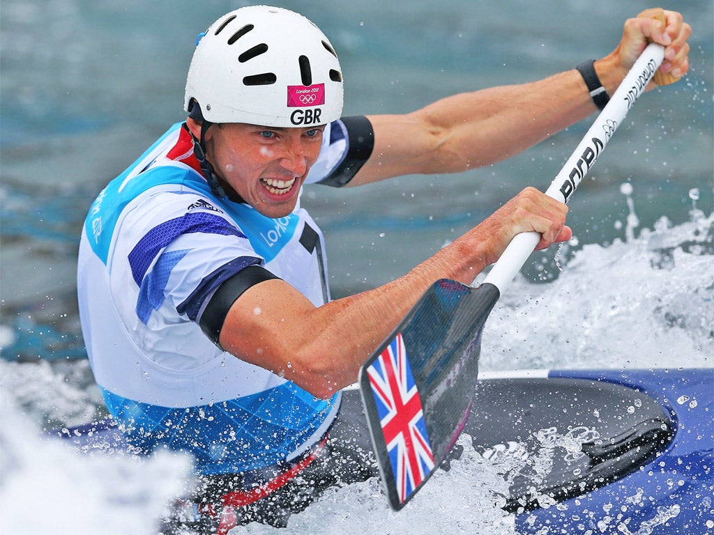 Great Britain’s David Florence struggles in yesterday’s canoe single semi-final