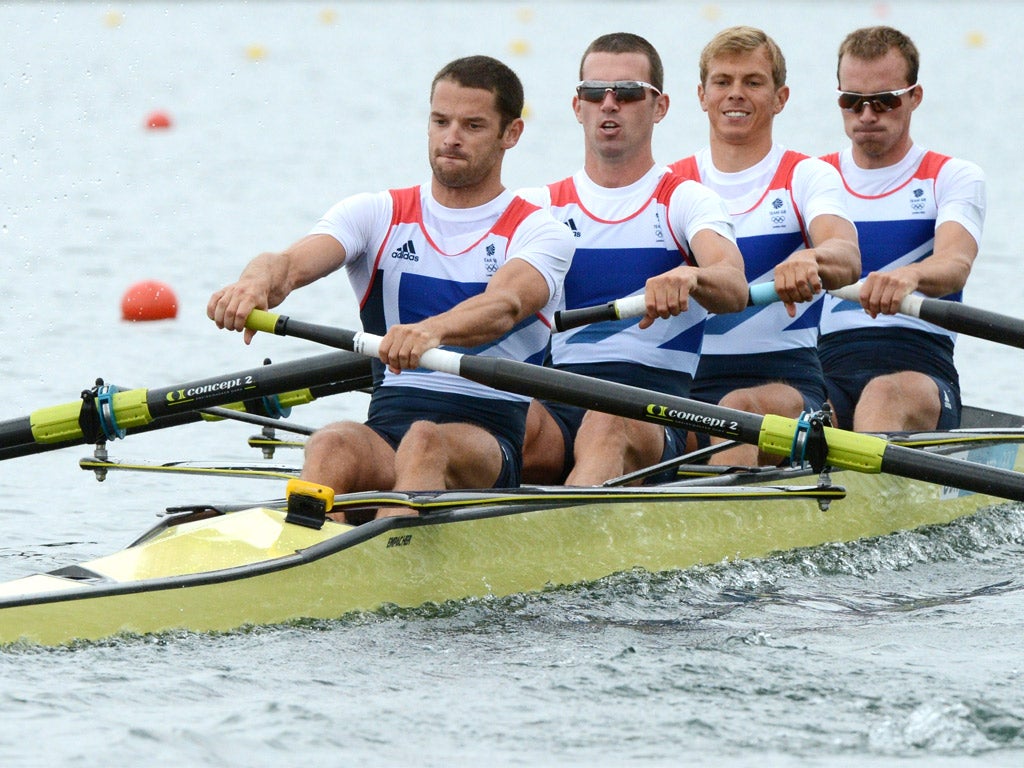 GB’s Peter Chambers, Rob Williams, Richard Chambers and Chris Bartley compete in the lightweight four semis yesterday