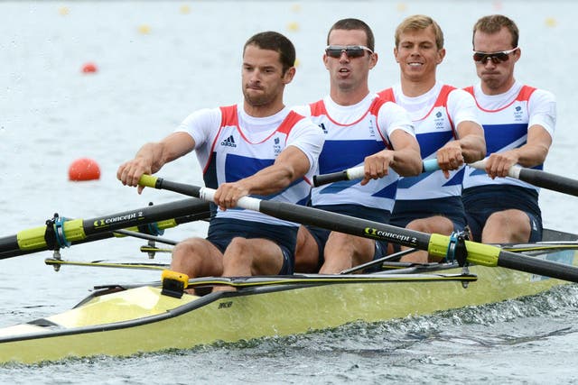 GB’s Peter Chambers, Rob Williams, Richard Chambers and Chris Bartley compete in the lightweight four semis yesterday