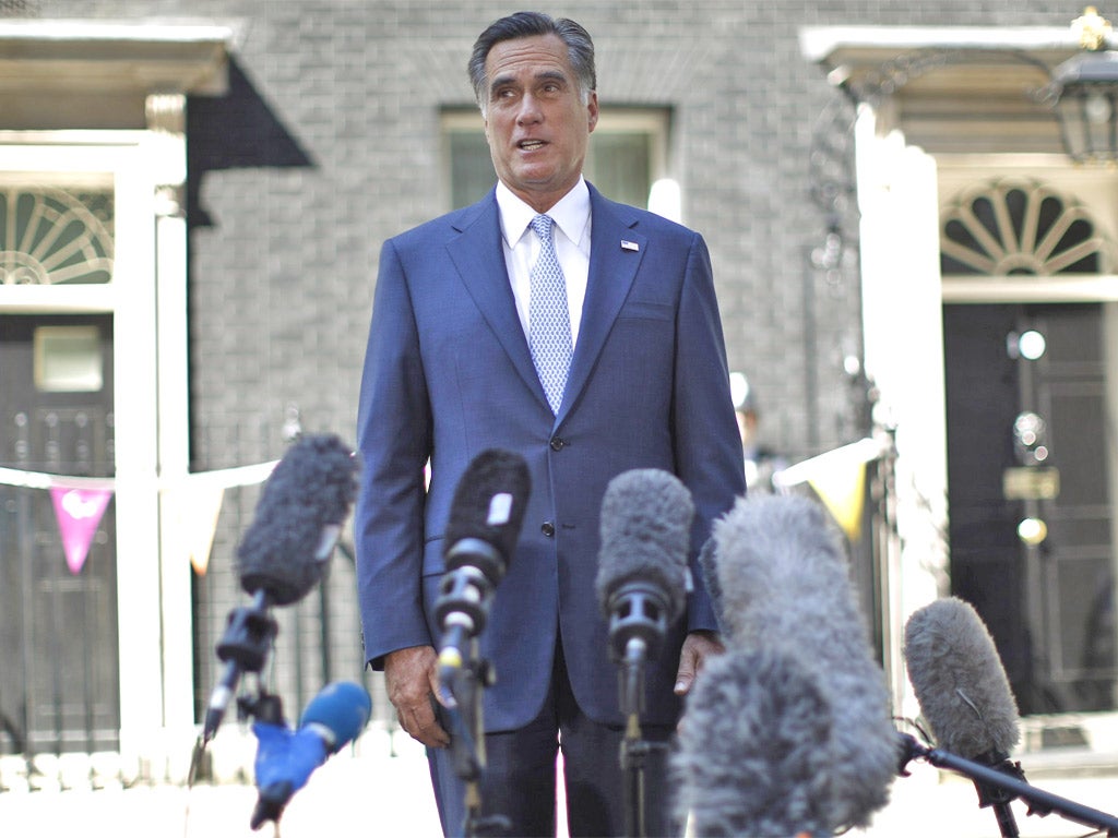 Mitt Romney talks to the media at Downing Street last week
