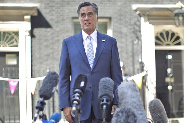 Mitt Romney talks to the media at Downing Street last week