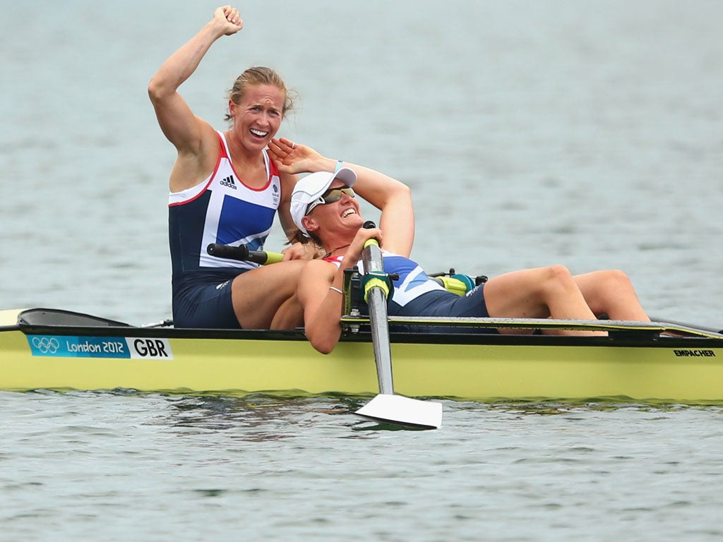 August 1, 2012: Helen Glover and Heather Stanning celebrate winning GB's first gold of the games