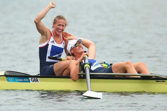August 1, 2012: Helen Glover and Heather Stanning celebrate winning GB's first gold of the games 