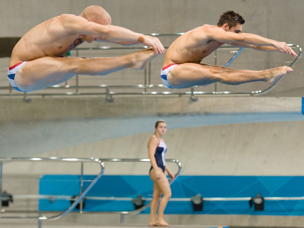 Chris Mears and Nick Robinson-Baker spring into action at the Aquatics Center